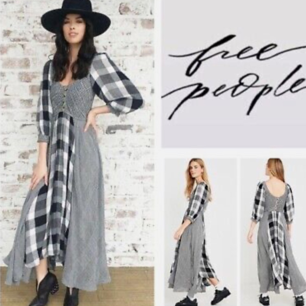FREE PEOPLE sz XS black-&-white plaid on hound tooth gorgeous midi dress ruffle